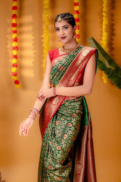 Red-B.Green Pure Soft Silk Saree With Engrossing Blouse Piece