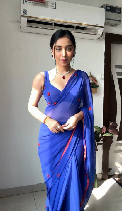 Blue Ready to Wear Georgette Saree With Unstitched Blouse Piece