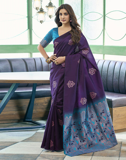 Blue Deep Purple Pure Soft Silk Saree With Engrossing Blouse Piece