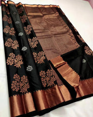 Black Pure Soft Silk Saree With Engrossing Blouse Piece