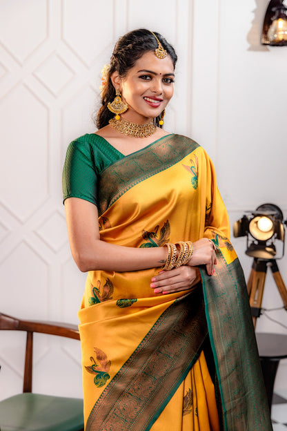 B.Green-Gold Pure Soft Silk Saree With Engrossing Blouse Piece