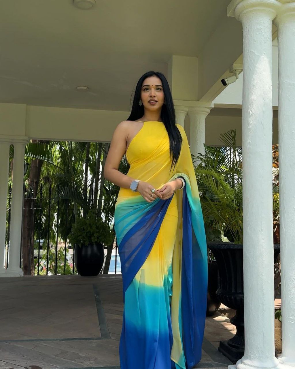 Blue Yellow Ready to Wear Georgette Saree With Unstitched Blouse Piece