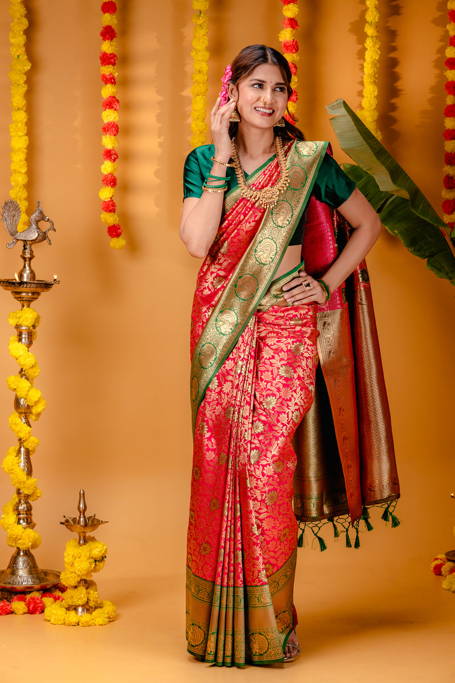 P.Green-Red Pure Soft Silk Saree With Engrossing Blouse Piece