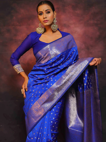 ROYAL BLUE PURE SOFT SILK SAREE WITH ENGROSSING BLOUSE PIECE