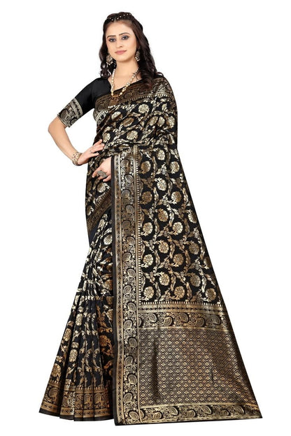 Black Banarasi Pure Soft Semi Silk Saree With Unstiched Attractive Blouse Piece