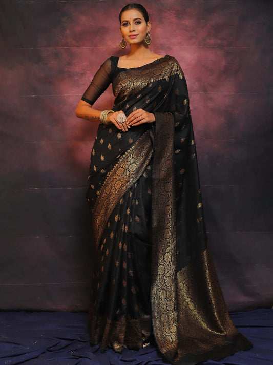 Black Banarasi Pure Soft Semi Silk Saree With Unstiched Attractive Blouse Piece