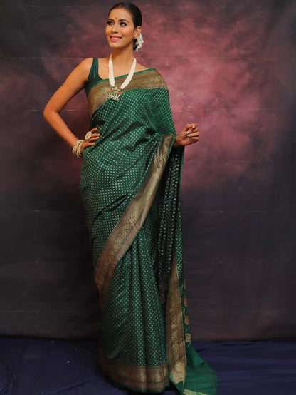 Green Banarasi Pure Soft Semi Silk Saree With Unstiched Attractive Blouse Piece