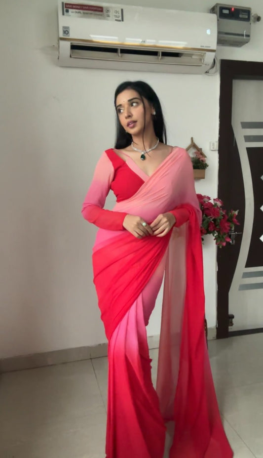 Pink Red Ready to Wear Georgette Saree With Unstitched Blouse Piece