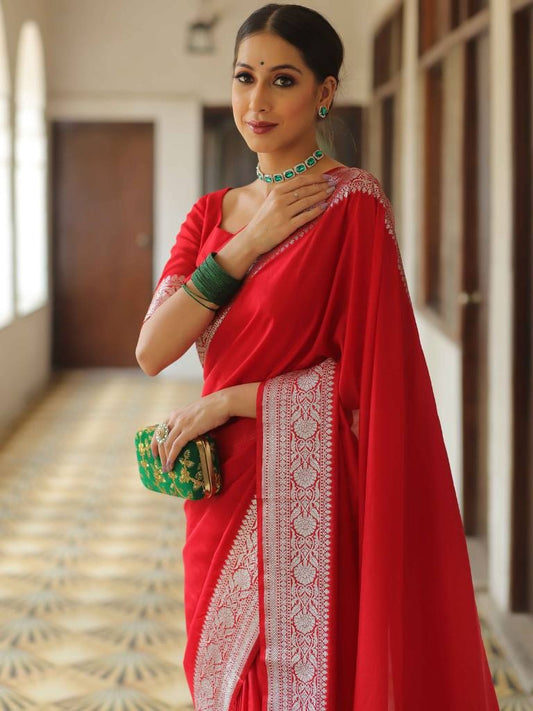 Red Pure Soft Semi Silk Saree With Attractive Blouse Piece