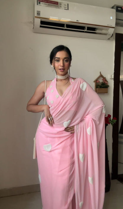 Baby Pink Ready to Wear Georgette Saree With Unstitched Blouse Piece