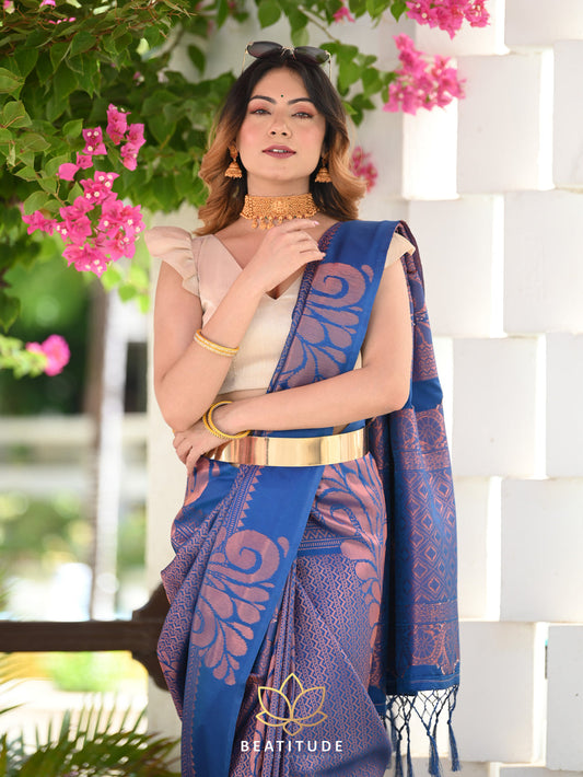 Royal Blue Banarasi Pure Soft Semi Silk Saree With Unstiched Attractive Blouse Piece