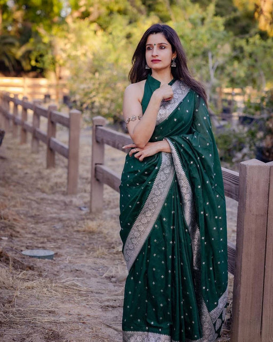 Green Banarasi Pure Soft Semi Silk Saree With Unstiched Attractive Blouse Piece