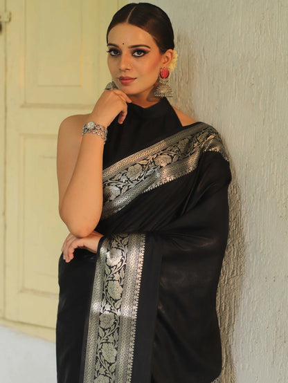 Black Banarasi Pure Soft Semi Silk Saree With Unstiched Attractive Blouse Piece