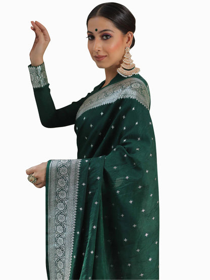 Green Banarasi Pure Soft Semi Silk Saree With Unstiched Attractive Blouse Piece