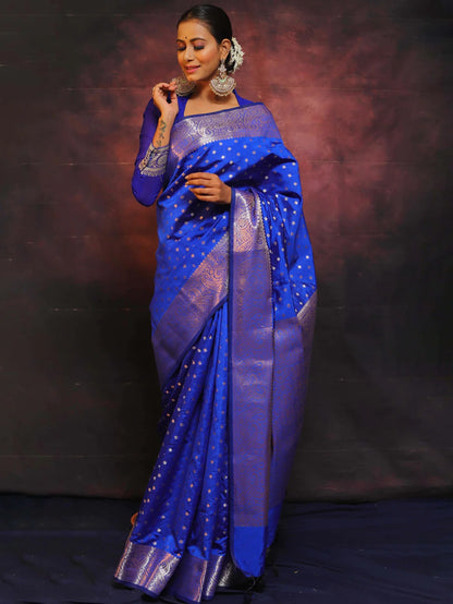 ROYAL BLUE PURE SOFT SILK SAREE WITH ENGROSSING BLOUSE PIECE