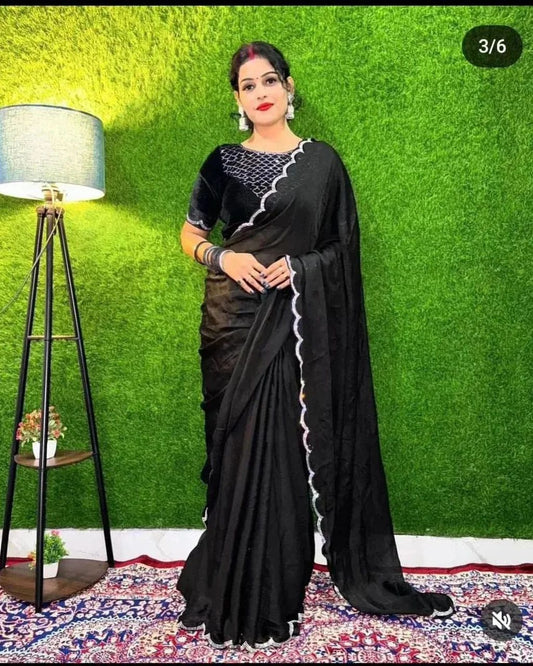 Black Womens Satin Collection Saree With Blouse Piece