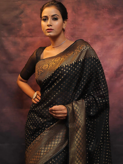 Black Banarasi Pure Soft Semi Silk Saree With Unstiched Attractive Blouse Piece