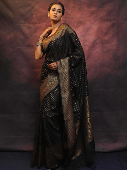 Black Banarasi Pure Soft Semi Silk Saree With Unstiched Attractive Blouse Piece