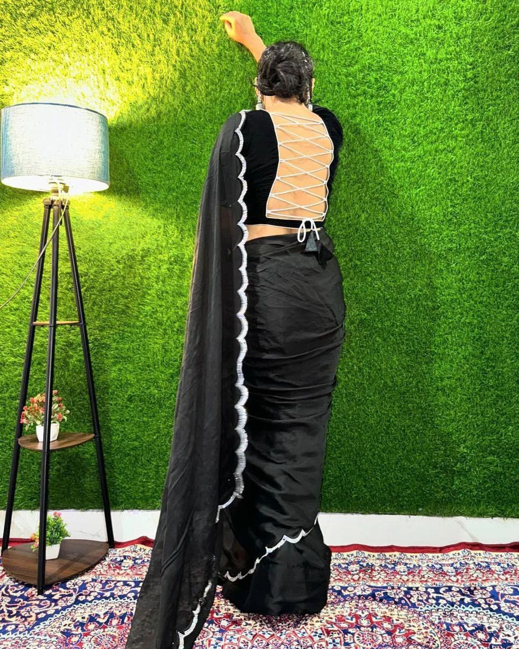 Black Womens Satin Collection Saree With Blouse Piece