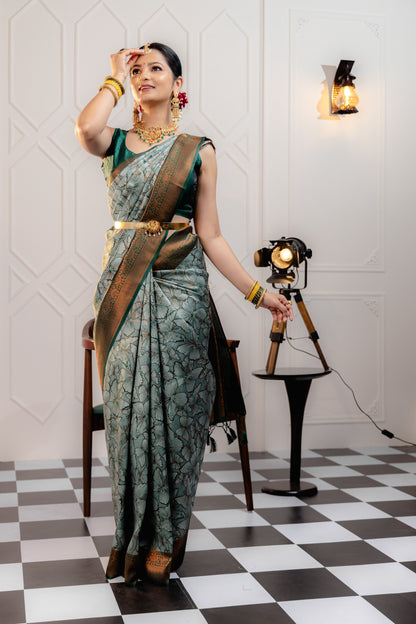 Pista Pure Soft Silk Saree With Engrossing Blouse Piece