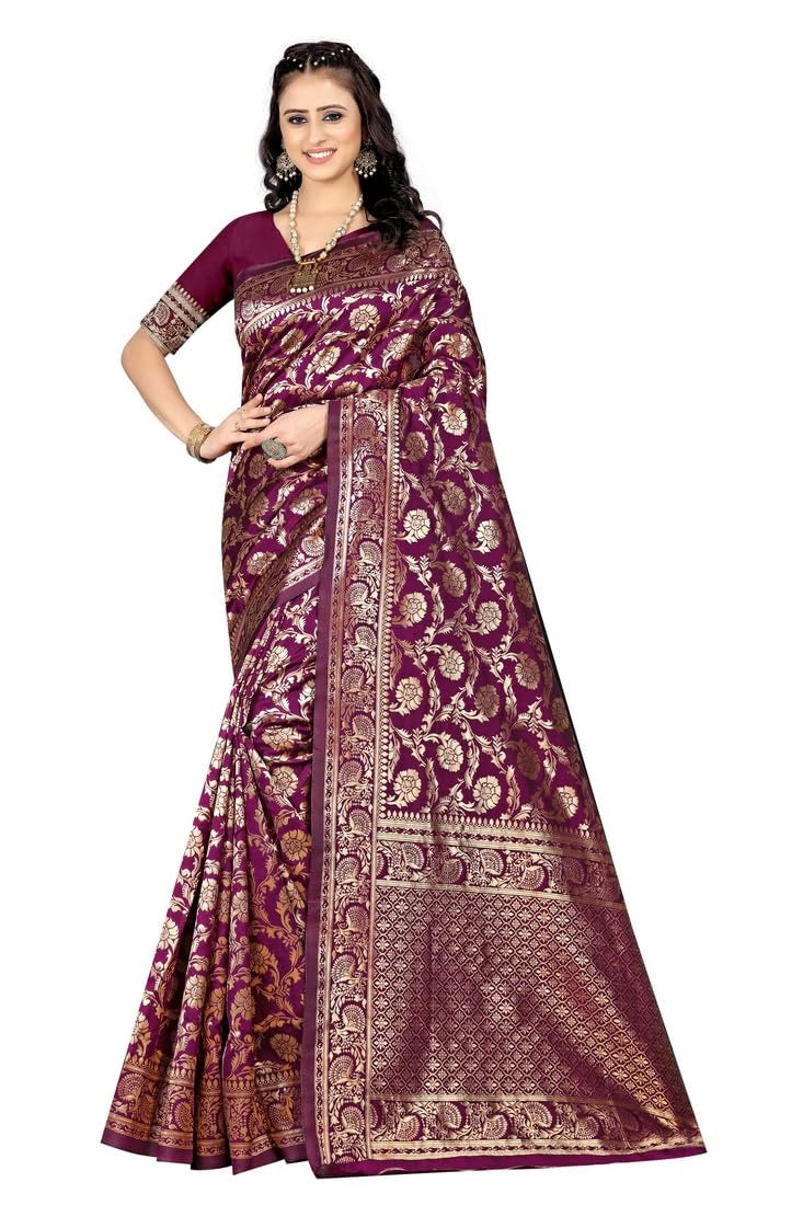 Wine Banarasi Pure Soft Semi Silk Saree With Unstiched Attractive Blouse Piece