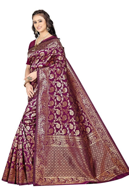 Wine Banarasi Pure Soft Semi Silk Saree With Unstiched Attractive Blouse Piece