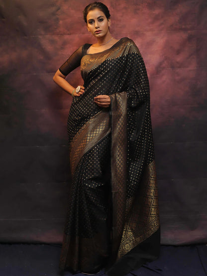 Black Banarasi Pure Soft Semi Silk Saree With Unstiched Attractive Blouse Piece