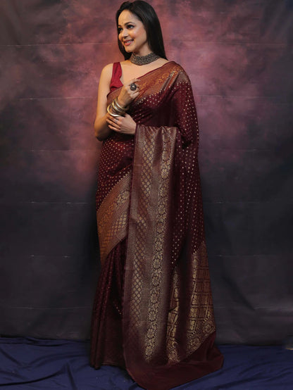 Maroon Banarasi Pure Soft Semi Silk Saree With Unstiched Attractive Blouse Piece