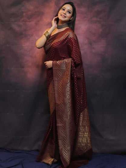 Maroon Banarasi Pure Soft Semi Silk Saree With Unstiched Attractive Blouse Piece