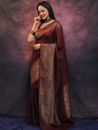 Maroon Banarasi Pure Soft Semi Silk Saree With Unstiched Attractive Blouse Piece