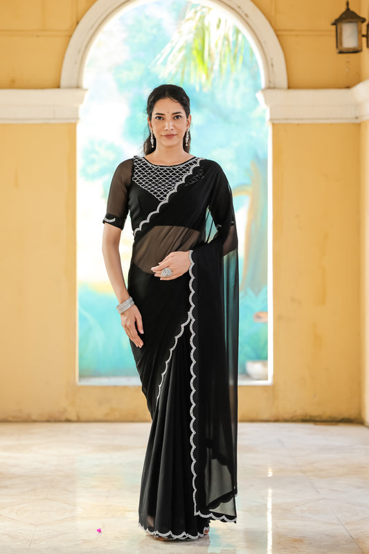 Black Womens Georgette Collection Saree With Blouse Piece