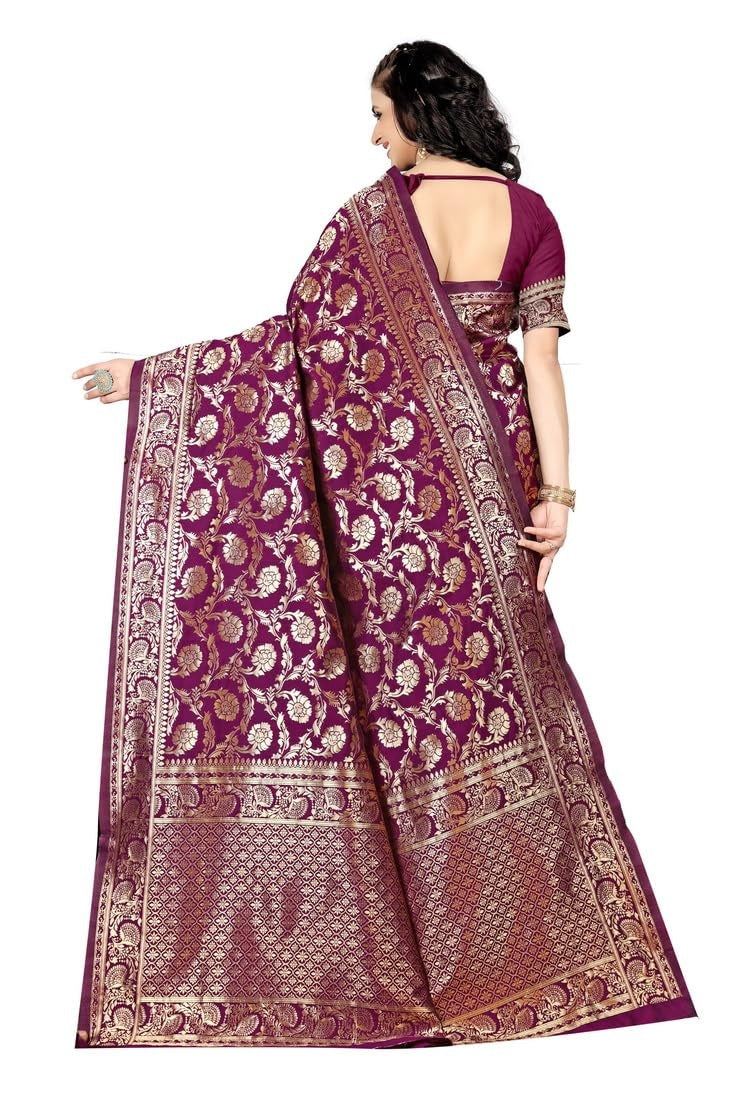 Wine Banarasi Pure Soft Semi Silk Saree With Unstiched Attractive Blouse Piece