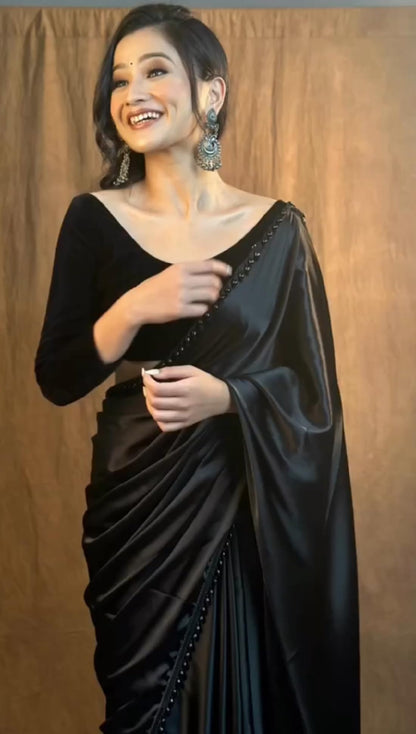 Black Womens Satin Collection Moti Saree With Blouse Piece