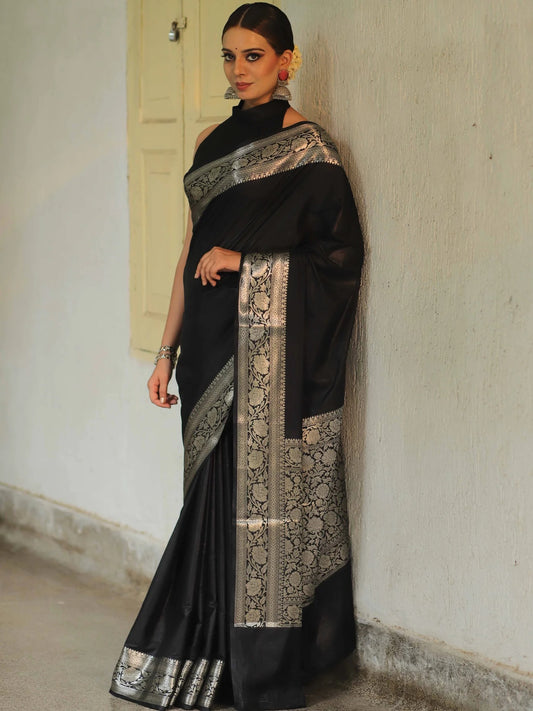 Black Banarasi Pure Soft Semi Silk Saree With Unstiched Attractive Blouse Piece