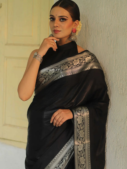 Black Banarasi Pure Soft Semi Silk Saree With Unstiched Attractive Blouse Piece