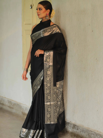 Black Banarasi Pure Soft Semi Silk Saree With Unstiched Attractive Blouse Piece