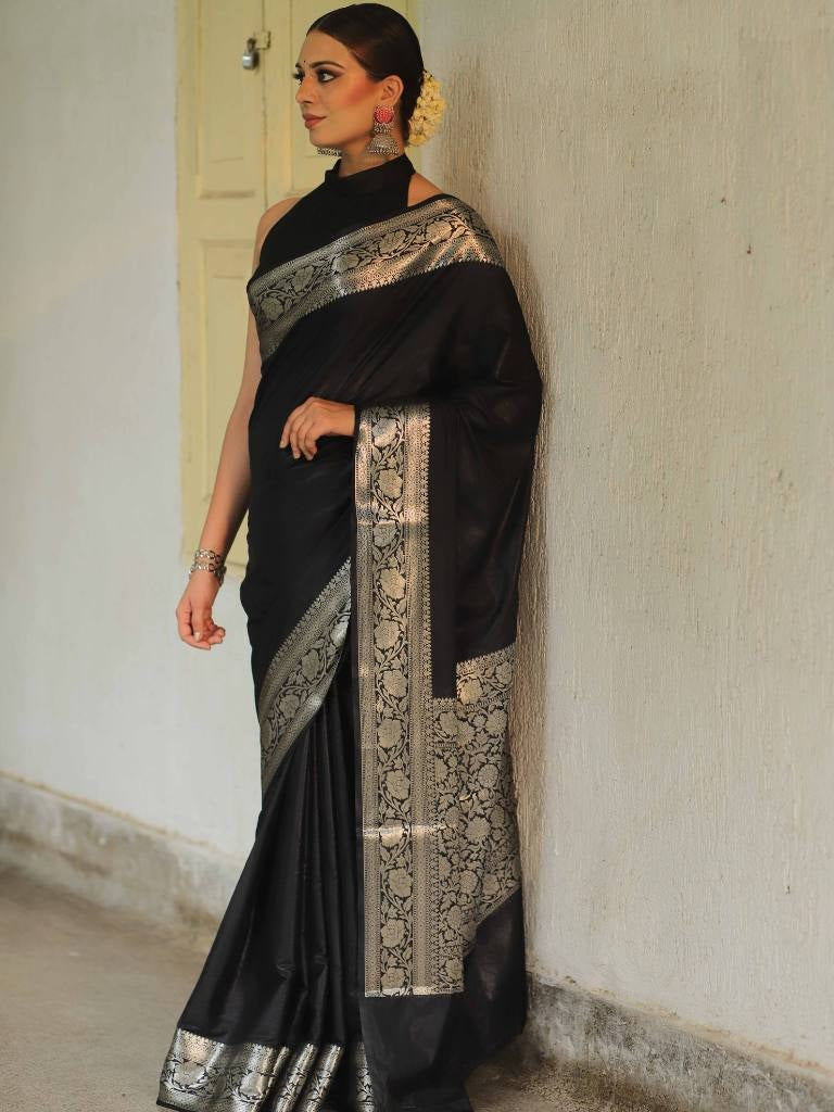 Black Banarasi Pure Soft Semi Silk Saree With Unstiched Attractive Blouse Piece