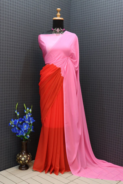 Pink Ready to Wear Georgette Saree With Unstitched Blouse Piece