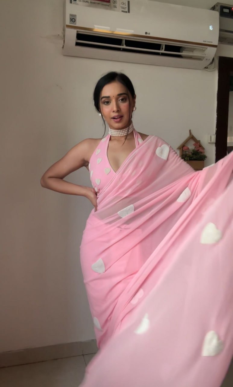 Baby Pink Ready to Wear Georgette Saree With Unstitched Blouse Piece