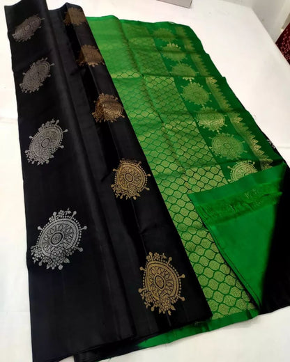 Black Green Banarasi Pure Soft Semi Silk Saree With Unstiched Attractive Blouse Piece