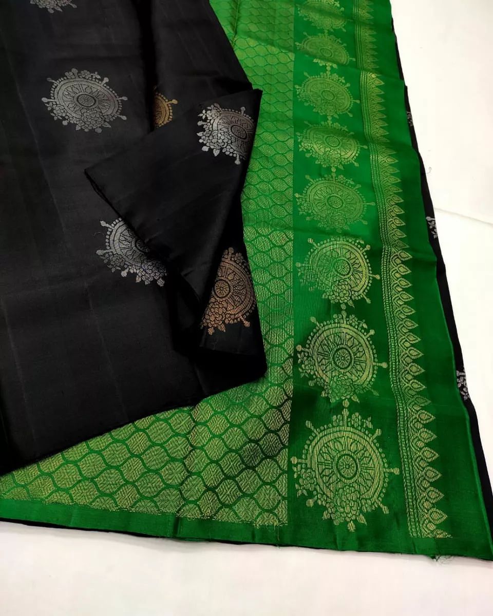 Black Green Banarasi Pure Soft Semi Silk Saree With Unstiched Attractive Blouse Piece