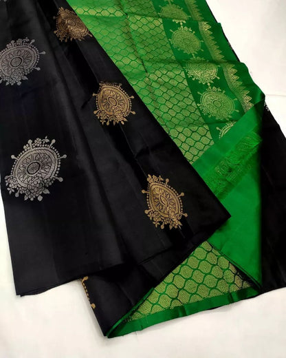 Black Green Banarasi Pure Soft Semi Silk Saree With Unstiched Attractive Blouse Piece