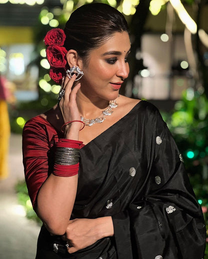 Black Red Pure Soft Silk Saree With Engrossing Blouse Piece