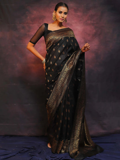 Black Banarasi Pure Soft Semi Silk Saree With Unstiched Attractive Blouse Piece