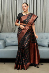 Black Kanjivaram Pure Soft Semi Silk Saree With Unstiched Attractive Blouse Piece