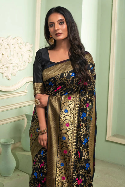 Black Pure Soft Semi Silk Saree With Attractive Blouse Piece