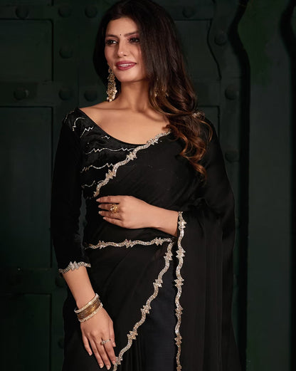 Black Womens Georgette Collection Saree With Blouse Piece