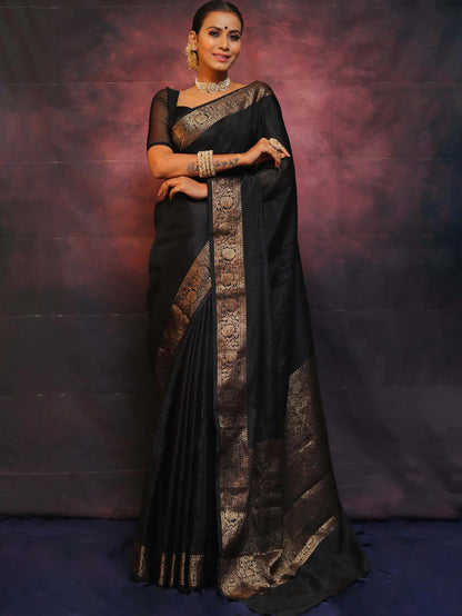 Black Kanjivaram Pure Soft Semi Silk Saree With Unstiched Attractive Blouse Piece