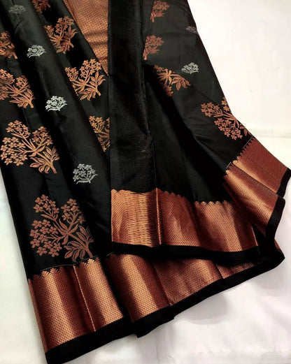 Black Pure Soft Silk Saree With Engrossing Blouse Piece