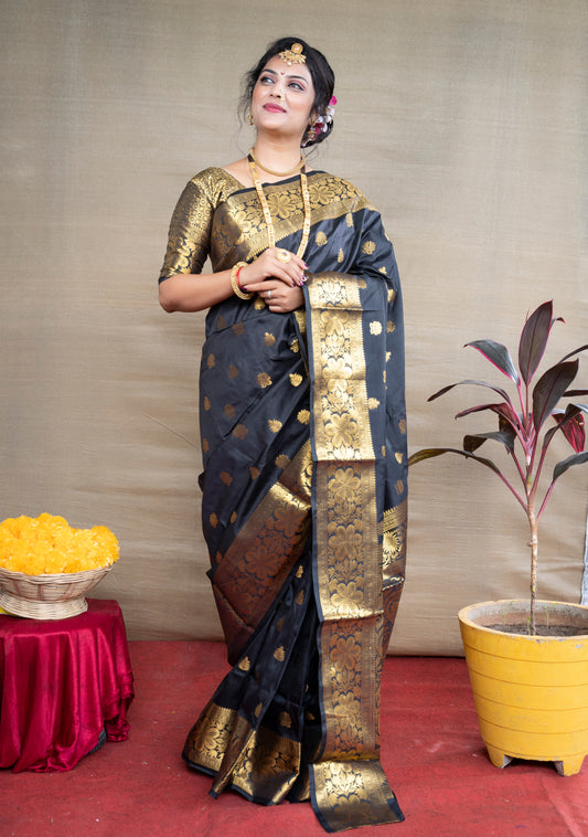 Black Pure Soft Silk Saree With Engrossing Blouse Piece